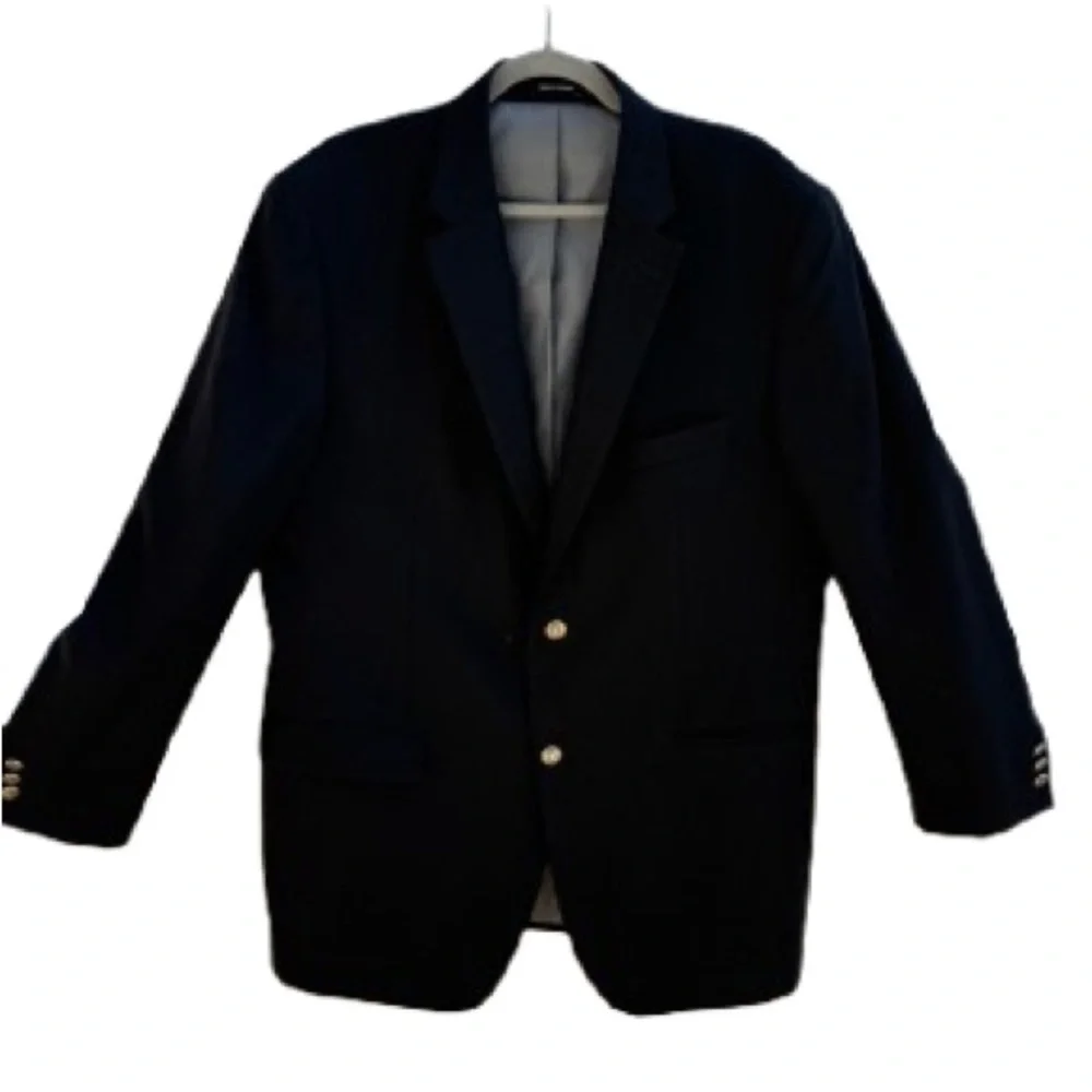Black Wool Blazer Mens 46L Double Gold Crested Buttons Wedding Guest Coat/Jacket